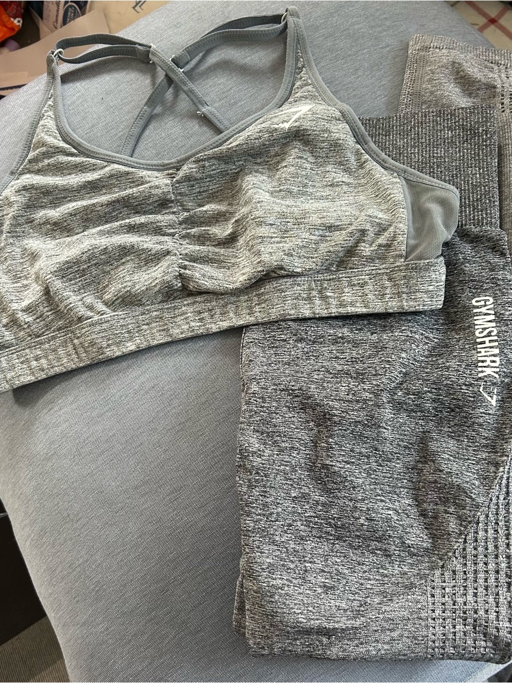 Gymshark Set- Heather Gray Seamless Sports Bra, and Leggings. Both Size Small